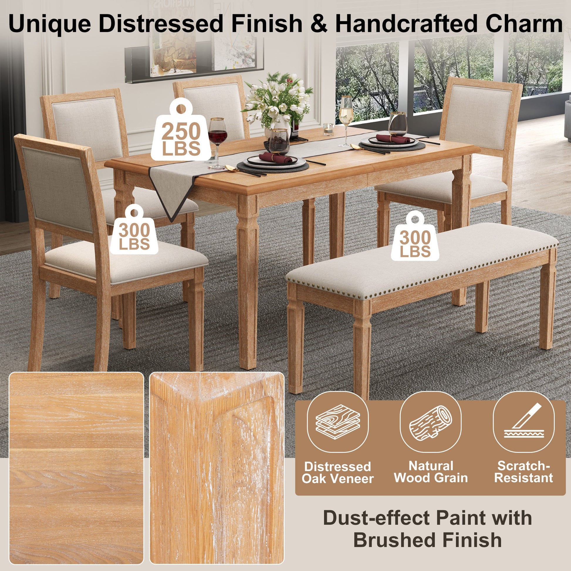 TREXM Vintage Extendable Dining Table Set for 6 with 4 Chairs & Bench, 59 to 72 - Inch Rustic Farmhouse Kitchen Table Set with Distressed Finish and Retro Carved Legs (Natural Wood Wash) - 1st Choice Furniture Direct