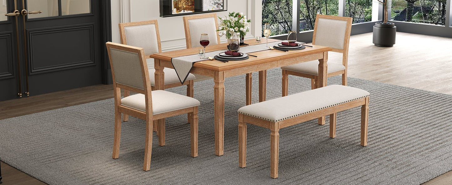 TREXM Vintage Extendable Dining Table Set for 6 with 4 Chairs & Bench, 59 to 72 - Inch Rustic Farmhouse Kitchen Table Set with Distressed Finish and Retro Carved Legs (Natural Wood Wash) - 1st Choice Furniture Direct