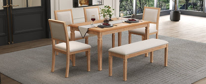 TREXM Vintage Extendable Dining Table Set for 6 with 4 Chairs & Bench, 59 to 72 - Inch Rustic Farmhouse Kitchen Table Set with Distressed Finish and Retro Carved Legs (Natural Wood Wash) - 1st Choice Furniture Direct