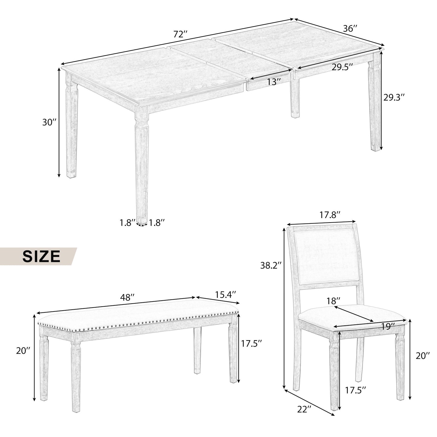 TREXM Vintage Extendable Dining Table Set for 6 with 4 Chairs & Bench, 59 to 72 - Inch Rustic Farmhouse Kitchen Table Set with Distressed Finish and Retro Carved Legs (Washed White) - 1st Choice Furniture Direct