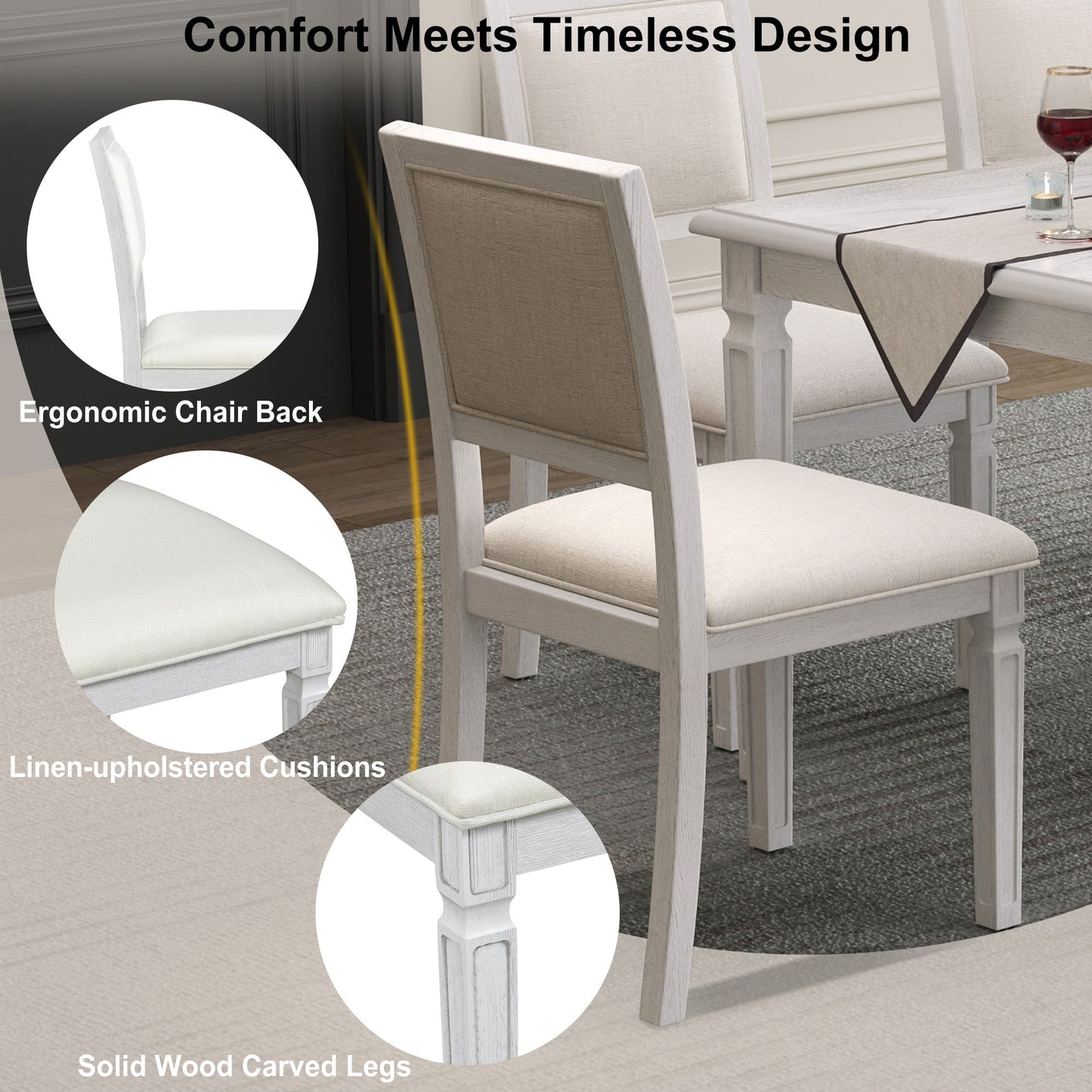 TREXM Vintage Extendable Dining Table Set for 6 with 4 Chairs & Bench, 59 to 72 - Inch Rustic Farmhouse Kitchen Table Set with Distressed Finish and Retro Carved Legs (Washed White) - 1st Choice Furniture Direct