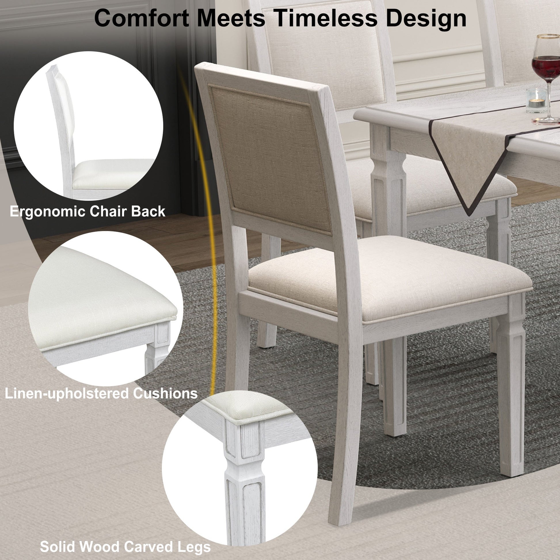 TREXM Vintage Extendable Dining Table Set for 6 with 4 Chairs & Bench, 59 to 72 - Inch Rustic Farmhouse Kitchen Table Set with Distressed Finish and Retro Carved Legs (Washed White) - 1st Choice Furniture Direct