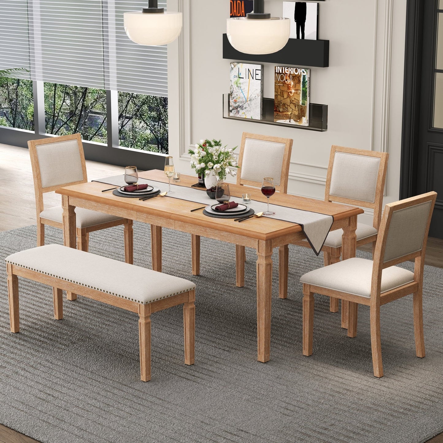 TREXM Vintage Extendable Dining Table Set for 6 with 4 Chairs & Bench, 59 to 72 - Inch Rustic Farmhouse Kitchen Table Set with Distressed Finish and Retro Carved Legs (Natural Wood Wash) - 1st Choice Furniture Direct
