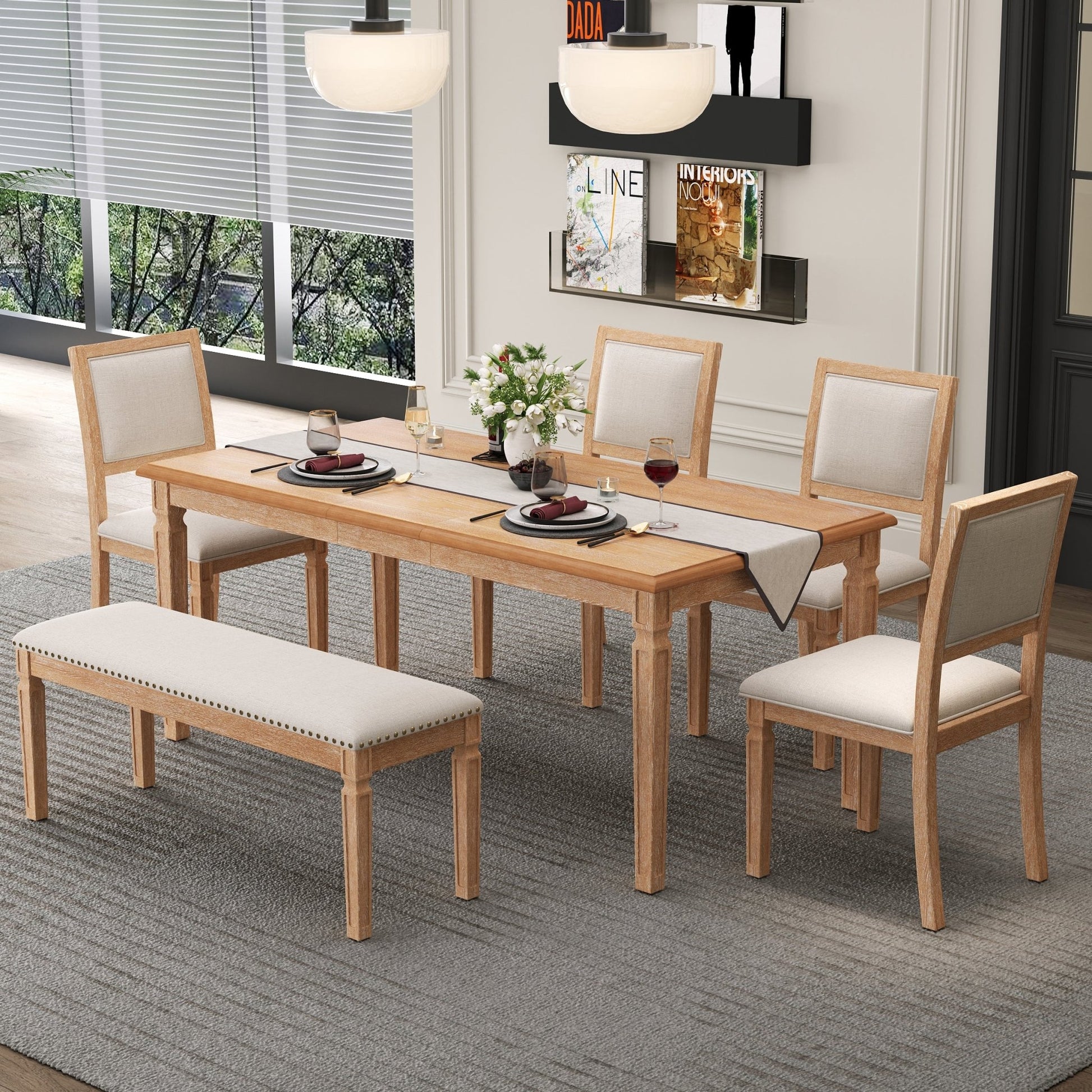 TREXM Vintage Extendable Dining Table Set for 6 with 4 Chairs & Bench, 59 to 72 - Inch Rustic Farmhouse Kitchen Table Set with Distressed Finish and Retro Carved Legs (Natural Wood Wash) - 1st Choice Furniture Direct
