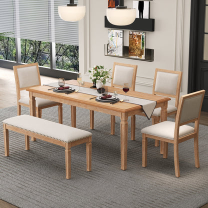 TREXM Vintage Extendable Dining Table Set for 6 with 4 Chairs & Bench, 59 to 72 - Inch Rustic Farmhouse Kitchen Table Set with Distressed Finish and Retro Carved Legs (Natural Wood Wash) - 1st Choice Furniture Direct