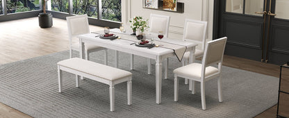 TREXM Vintage Extendable Dining Table Set for 6 with 4 Chairs & Bench, 59 to 72 - Inch Rustic Farmhouse Kitchen Table Set with Distressed Finish and Retro Carved Legs (Washed White) - 1st Choice Furniture Direct
