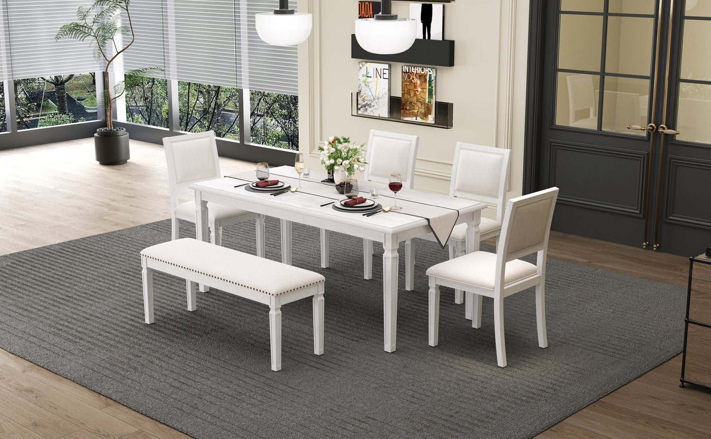 TREXM Vintage Extendable Dining Table Set for 6 with 4 Chairs & Bench, 59 to 72 - Inch Rustic Farmhouse Kitchen Table Set with Distressed Finish and Retro Carved Legs (Washed White) - 1st Choice Furniture Direct