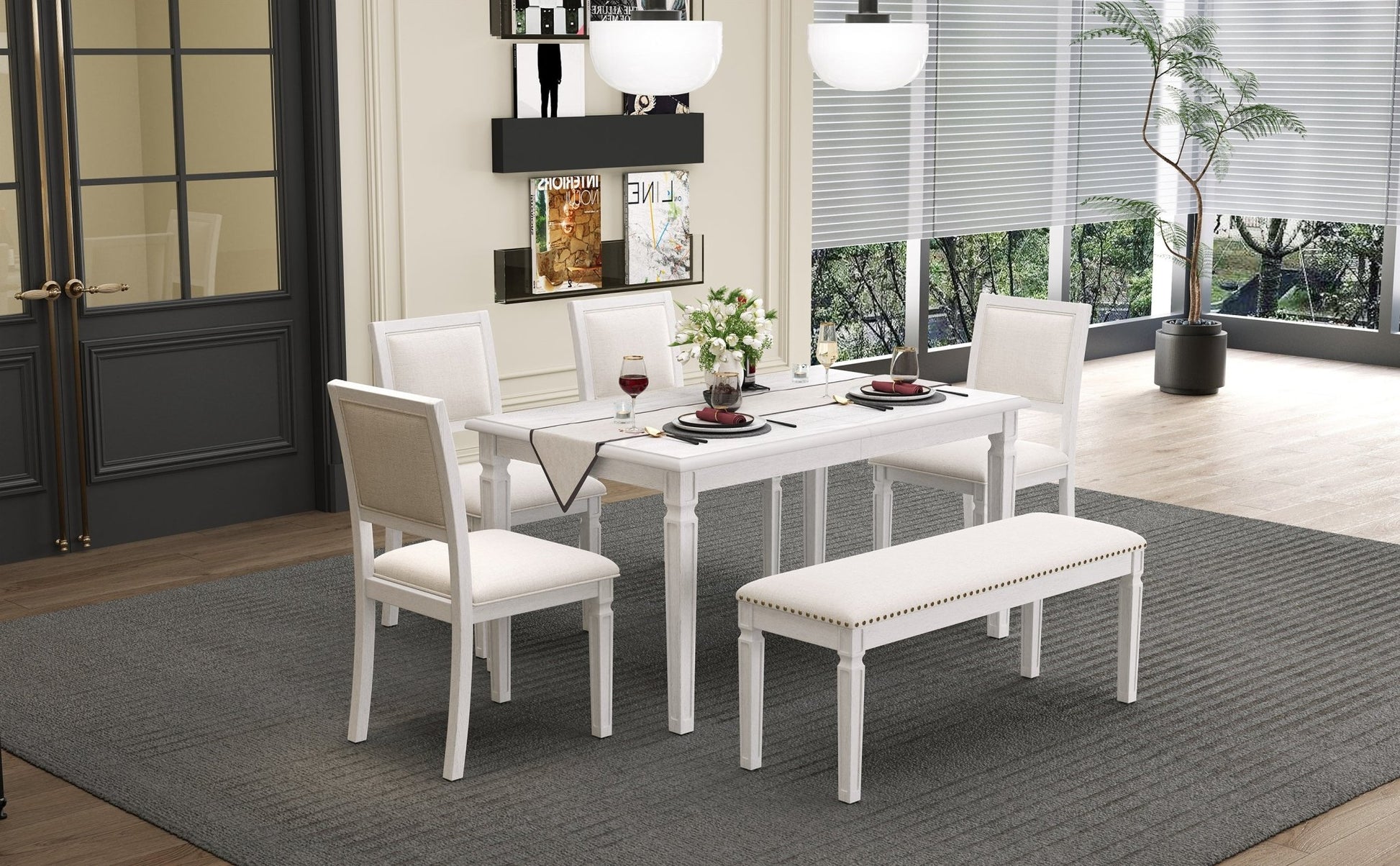 TREXM Vintage Extendable Dining Table Set for 6 with 4 Chairs & Bench, 59 to 72 - Inch Rustic Farmhouse Kitchen Table Set with Distressed Finish and Retro Carved Legs (Washed White) - 1st Choice Furniture Direct