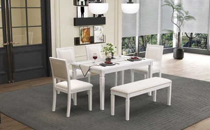 TREXM Vintage Extendable Dining Table Set for 6 with 4 Chairs & Bench, 59 to 72 - Inch Rustic Farmhouse Kitchen Table Set with Distressed Finish and Retro Carved Legs (Washed White) - 1st Choice Furniture Direct