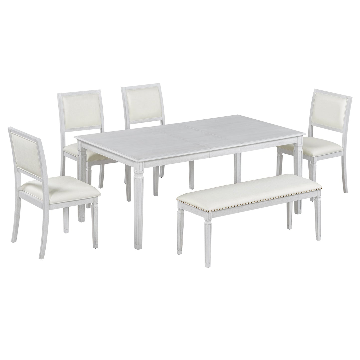TREXM Vintage Extendable Dining Table Set for 6 with 4 Chairs & Bench, 59 to 72 - Inch Rustic Farmhouse Kitchen Table Set with Distressed Finish and Retro Carved Legs (Washed White) - 1st Choice Furniture Direct