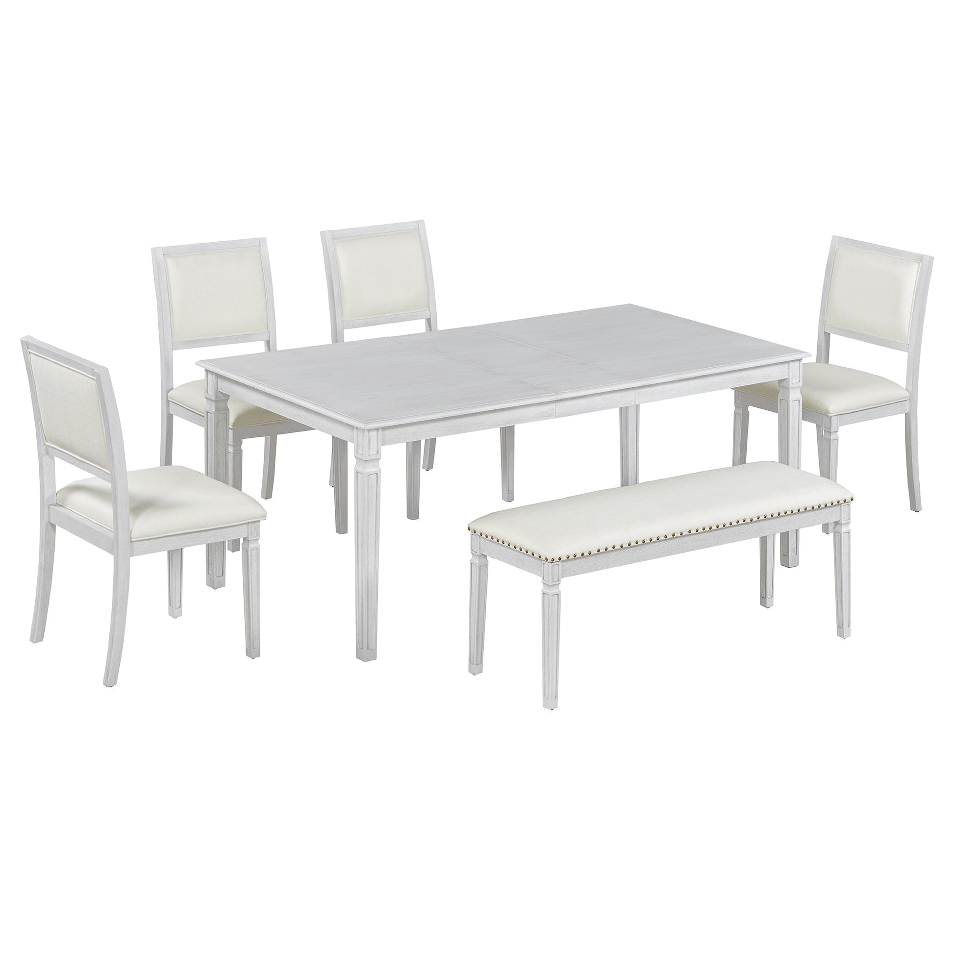 TREXM Vintage Extendable Dining Table Set for 6 with 4 Chairs & Bench, 59 to 72 - Inch Rustic Farmhouse Kitchen Table Set with Distressed Finish and Retro Carved Legs (Washed White) - 1st Choice Furniture Direct