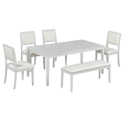 TREXM Vintage Extendable Dining Table Set for 6 with 4 Chairs & Bench, 59 to 72 - Inch Rustic Farmhouse Kitchen Table Set with Distressed Finish and Retro Carved Legs (Washed White) - 1st Choice Furniture Direct