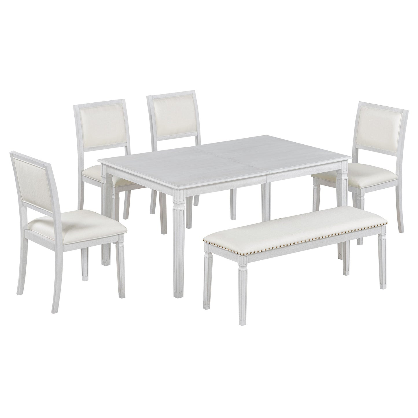 TREXM Vintage Extendable Dining Table Set for 6 with 4 Chairs & Bench, 59 to 72 - Inch Rustic Farmhouse Kitchen Table Set with Distressed Finish and Retro Carved Legs (Washed White) - 1st Choice Furniture Direct