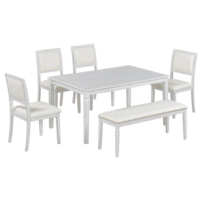 TREXM Vintage Extendable Dining Table Set for 6 with 4 Chairs & Bench, 59 to 72 - Inch Rustic Farmhouse Kitchen Table Set with Distressed Finish and Retro Carved Legs (Washed White) - 1st Choice Furniture Direct