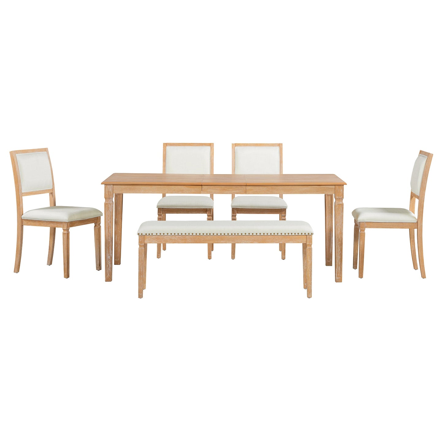TREXM Vintage Extendable Dining Table Set for 6 with 4 Chairs & Bench, 59 to 72 - Inch Rustic Farmhouse Kitchen Table Set with Distressed Finish and Retro Carved Legs (Natural Wood Wash) - 1st Choice Furniture Direct