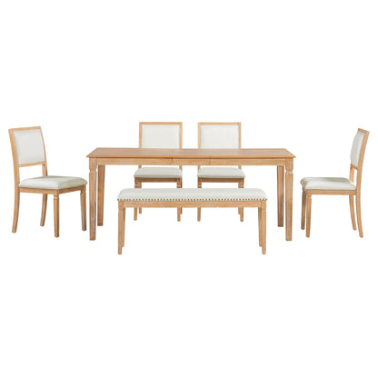 TREXM Vintage Extendable Dining Table Set for 6 with 4 Chairs & Bench, 59 to 72 - Inch Rustic Farmhouse Kitchen Table Set with Distressed Finish and Retro Carved Legs (Natural Wood Wash) - 1st Choice Furniture Direct