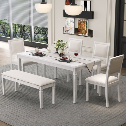 TREXM Vintage Extendable Dining Table Set for 6 with 4 Chairs & Bench, 59 to 72 - Inch Rustic Farmhouse Kitchen Table Set with Distressed Finish and Retro Carved Legs (Washed White) - 1st Choice Furniture Direct