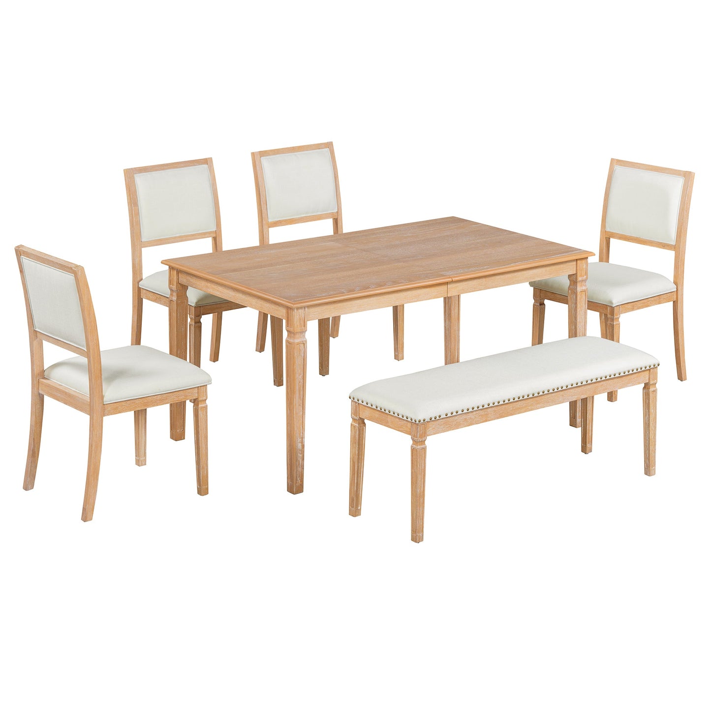 TREXM Vintage Extendable Dining Table Set for 6 with 4 Chairs & Bench, 59 to 72 - Inch Rustic Farmhouse Kitchen Table Set with Distressed Finish and Retro Carved Legs (Natural Wood Wash) - 1st Choice Furniture Direct