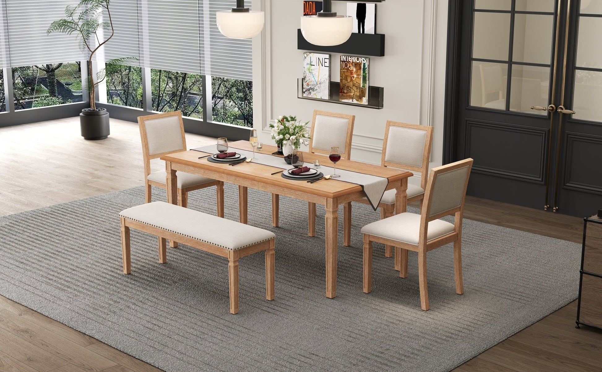 TREXM Vintage Extendable Dining Table Set for 6 with 4 Chairs & Bench, 59 to 72 - Inch Rustic Farmhouse Kitchen Table Set with Distressed Finish and Retro Carved Legs (Natural Wood Wash) - 1st Choice Furniture Direct