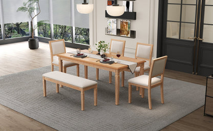 TREXM Vintage Extendable Dining Table Set for 6 with 4 Chairs & Bench, 59 to 72 - Inch Rustic Farmhouse Kitchen Table Set with Distressed Finish and Retro Carved Legs (Natural Wood Wash) - 1st Choice Furniture Direct