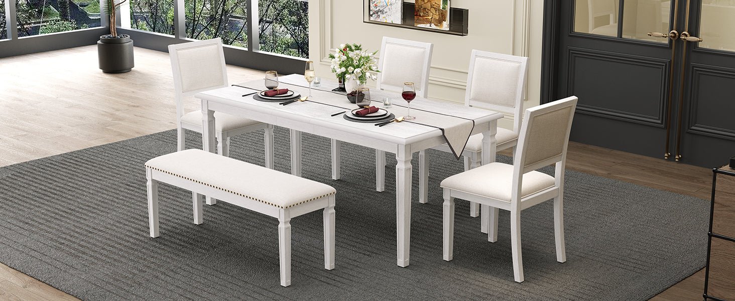 TREXM Vintage Extendable Dining Table Set for 6 with 4 Chairs & Bench, 59 to 72 - Inch Rustic Farmhouse Kitchen Table Set with Distressed Finish and Retro Carved Legs (Washed White) - 1st Choice Furniture Direct