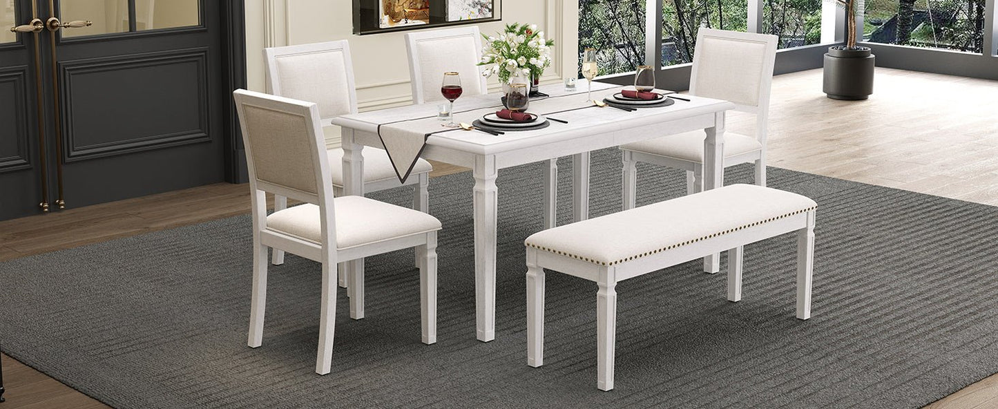 TREXM Vintage Extendable Dining Table Set for 6 with 4 Chairs & Bench, 59 to 72 - Inch Rustic Farmhouse Kitchen Table Set with Distressed Finish and Retro Carved Legs (Washed White) - 1st Choice Furniture Direct