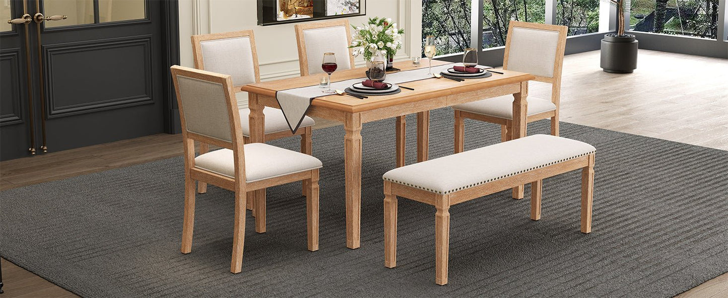 TREXM Vintage Extendable Dining Table Set for 6 with 4 Chairs & Bench, 59 to 72 - Inch Rustic Farmhouse Kitchen Table Set with Distressed Finish and Retro Carved Legs (Natural Wood Wash) - 1st Choice Furniture Direct