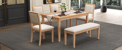 TREXM Vintage Extendable Dining Table Set for 6 with 4 Chairs & Bench, 59 to 72 - Inch Rustic Farmhouse Kitchen Table Set with Distressed Finish and Retro Carved Legs (Natural Wood Wash) - 1st Choice Furniture Direct