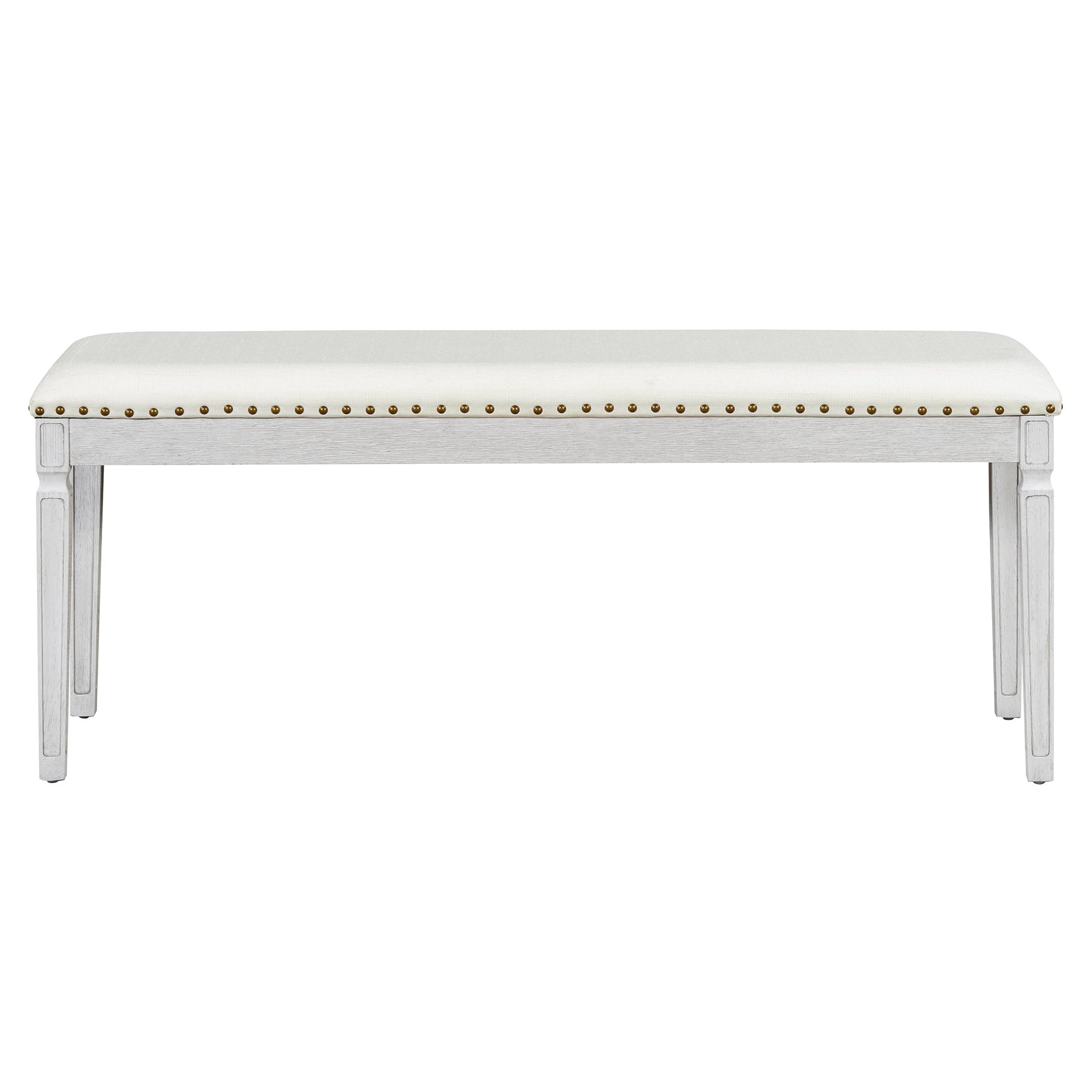 TREXM Vintage Extendable Dining Table Set for 6 with 4 Chairs & Bench, 59 to 72 - Inch Rustic Farmhouse Kitchen Table Set with Distressed Finish and Retro Carved Legs (Washed White) - 1st Choice Furniture Direct