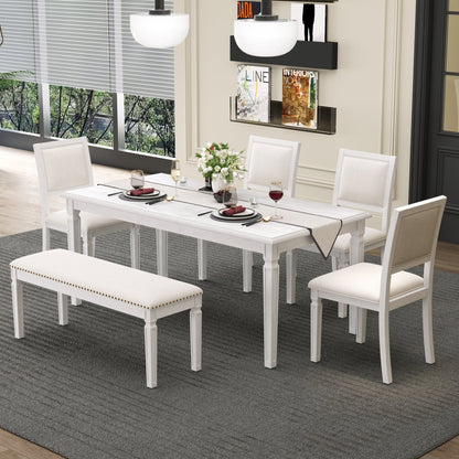 TREXM Vintage Extendable Dining Table Set for 6 with 4 Chairs & Bench, 59 to 72 - Inch Rustic Farmhouse Kitchen Table Set with Distressed Finish and Retro Carved Legs (Washed White) - 1st Choice Furniture Direct