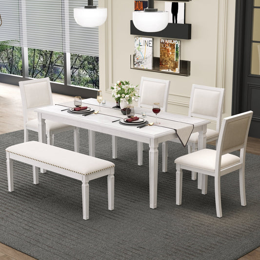 TREXM Vintage Extendable Dining Table Set for 6 with 4 Chairs & Bench, 59 to 72 - Inch Rustic Farmhouse Kitchen Table Set with Distressed Finish and Retro Carved Legs (Washed White) - 1st Choice Furniture Direct