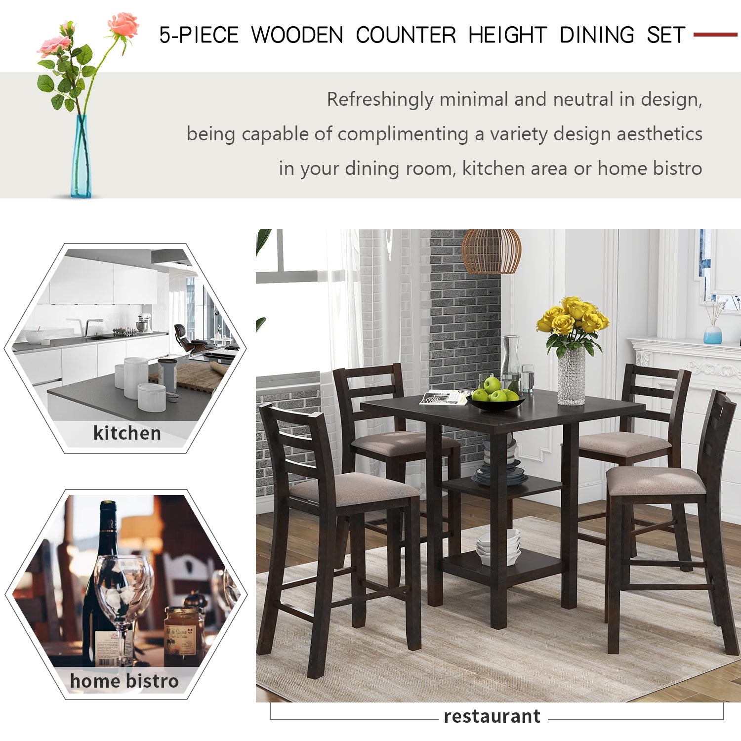 TREXM Wooden Counter Height Dining Set with Padded Chairs and Storage Shelving in Espresso Finish - 1st Choice Furniture Direct