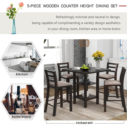 TREXM Wooden Counter Height Dining Set with Padded Chairs and Storage Shelving in Espresso Finish - 1st Choice Furniture Direct