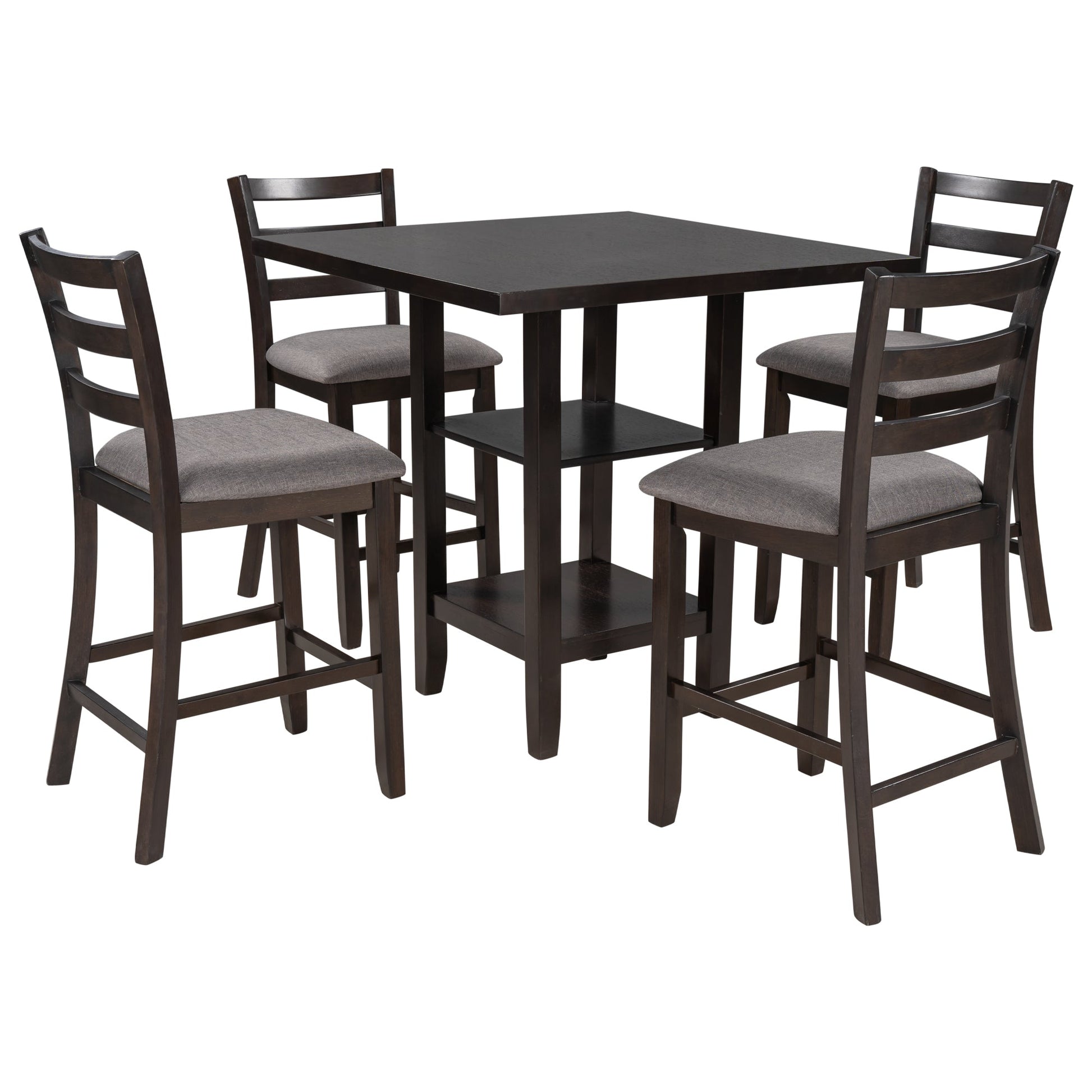 TREXM Wooden Counter Height Dining Set with Padded Chairs and Storage Shelving in Espresso Finish - 1st Choice Furniture Direct