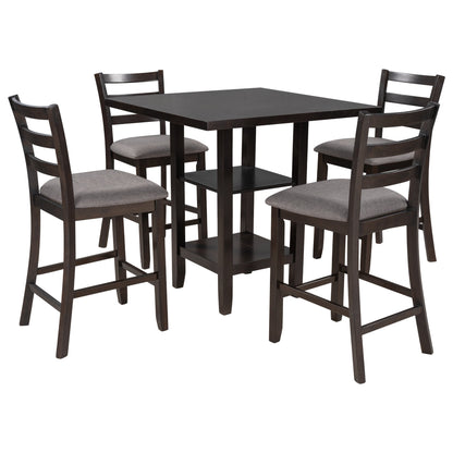 TREXM Wooden Counter Height Dining Set with Padded Chairs and Storage Shelving in Espresso Finish - 1st Choice Furniture Direct