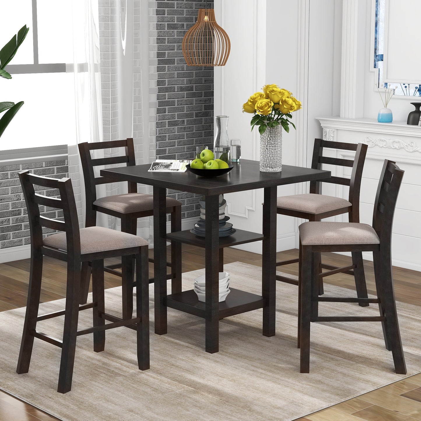 TREXM Wooden Counter Height Dining Set with Padded Chairs and Storage Shelving in Espresso Finish - 1st Choice Furniture Direct