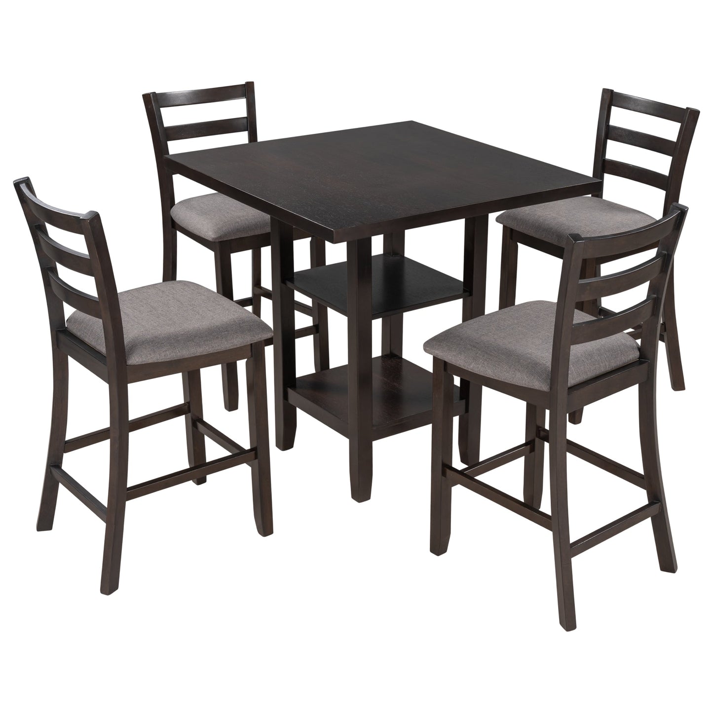 TREXM Wooden Counter Height Dining Set with Padded Chairs and Storage Shelving in Espresso Finish - 1st Choice Furniture Direct