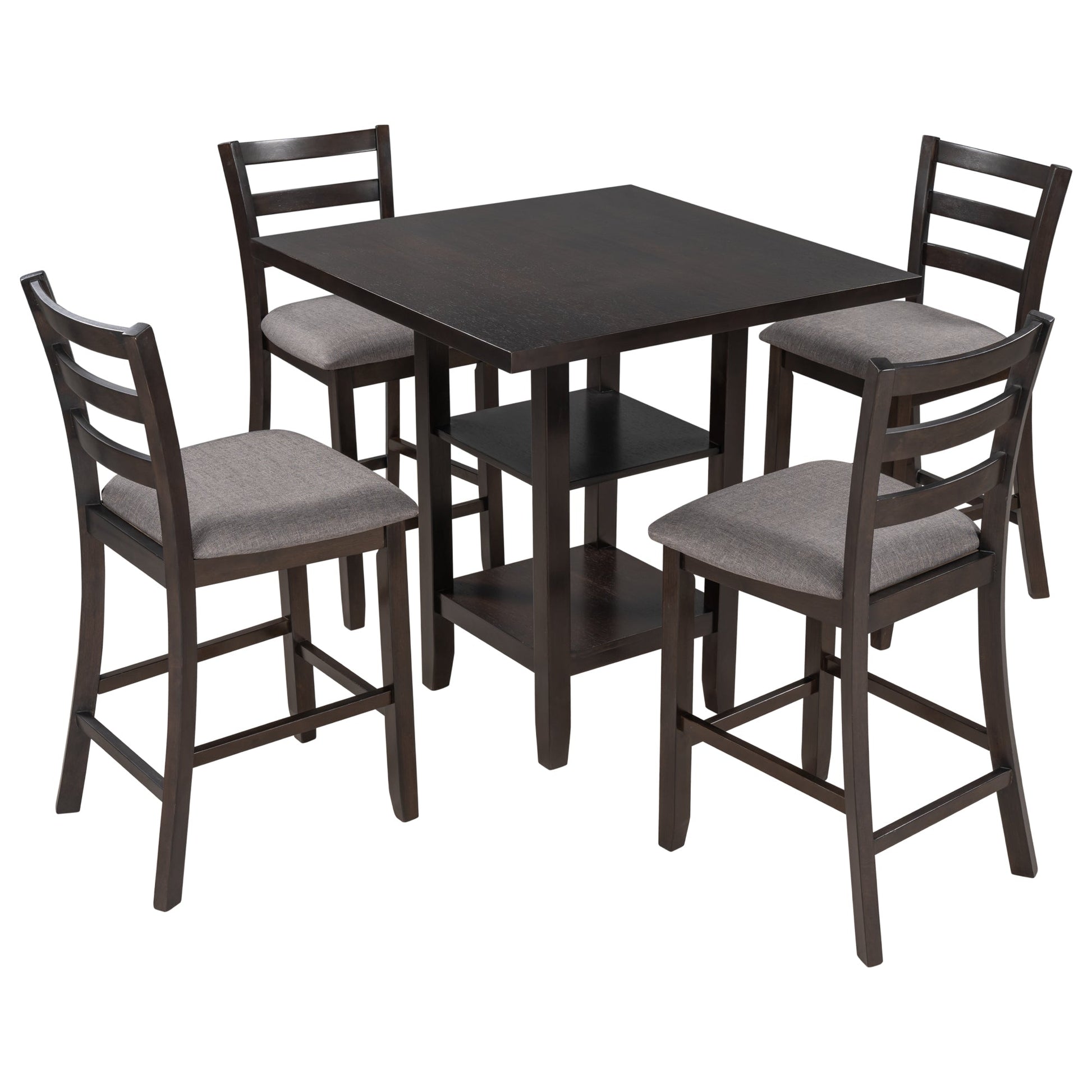 TREXM Wooden Counter Height Dining Set with Padded Chairs and Storage Shelving in Espresso Finish - 1st Choice Furniture Direct