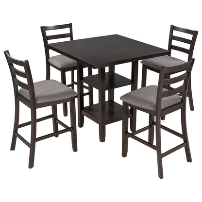 TREXM Wooden Counter Height Dining Set with Padded Chairs and Storage Shelving in Espresso Finish - 1st Choice Furniture Direct