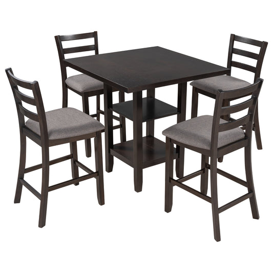 TREXM Wooden Counter Height Dining Set with Padded Chairs and Storage Shelving in Espresso Finish - 1st Choice Furniture Direct