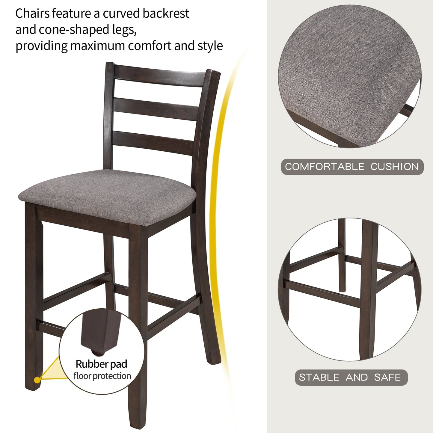 TREXM Wooden Counter Height Dining Set with Padded Chairs and Storage Shelving in Espresso Finish - 1st Choice Furniture Direct