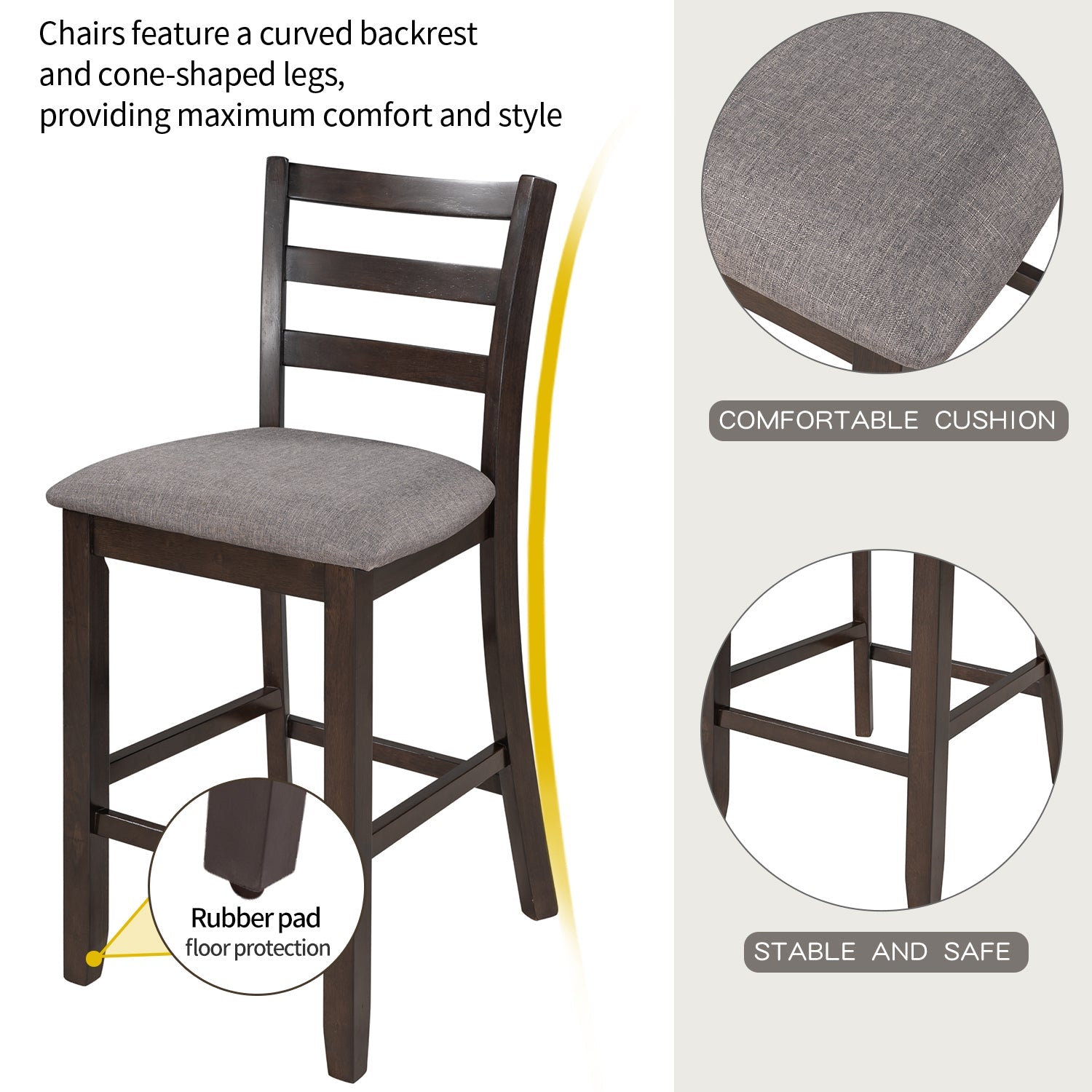 TREXM Wooden Counter Height Dining Set with Padded Chairs and Storage Shelving in Espresso Finish - 1st Choice Furniture Direct