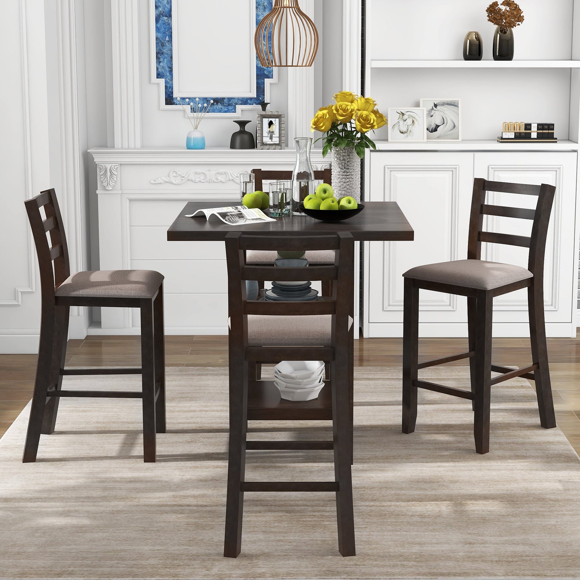 TREXM Wooden Counter Height Dining Set with Padded Chairs and Storage Shelving in Espresso Finish - 1st Choice Furniture Direct