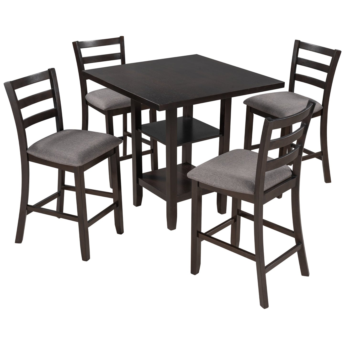 TREXM Wooden Counter Height Dining Set with Padded Chairs and Storage Shelving in Espresso Finish - 1st Choice Furniture Direct