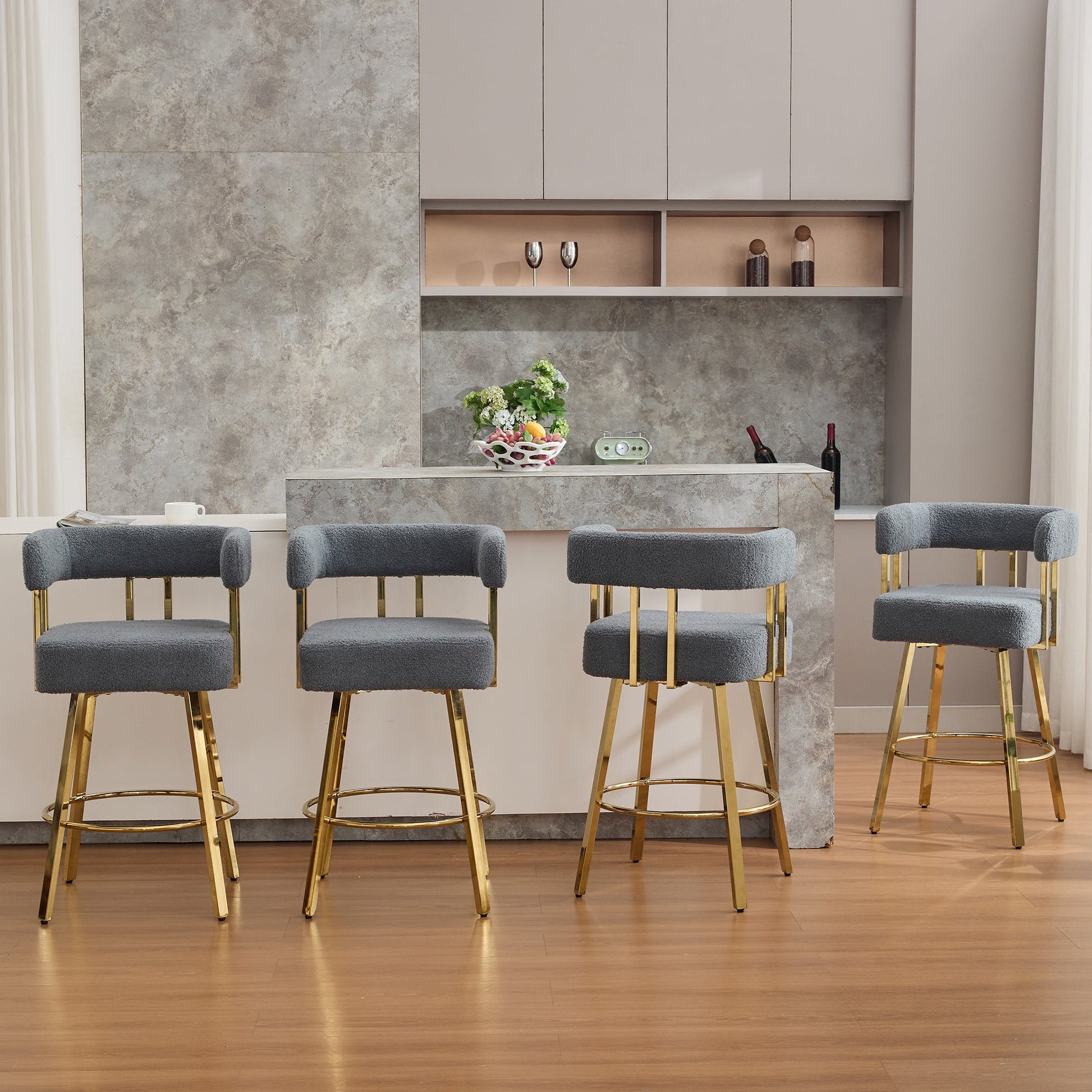 TS Modern Decorative Chair, Gray Teddy Fleece Upholstered Metal Foot Bar Side Chair with Gold Legs, 2PC Set for Living Room, Dressing Area, Office - 1st Choice Furniture Direct