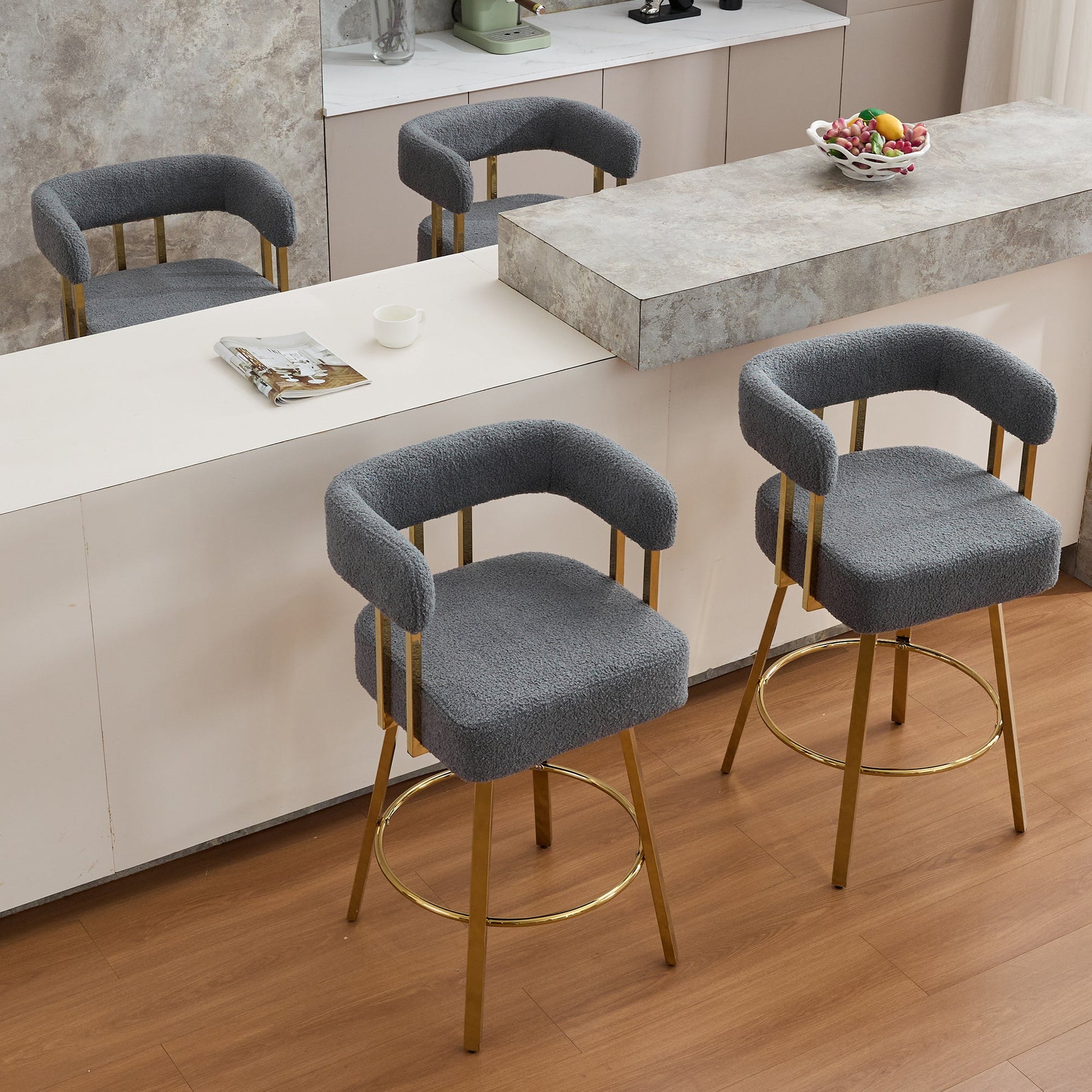 TS Modern Decorative Chair, Gray Teddy Fleece Upholstered Metal Foot Bar Side Chair with Gold Legs, 2PC Set for Living Room, Dressing Area, Office - 1st Choice Furniture Direct