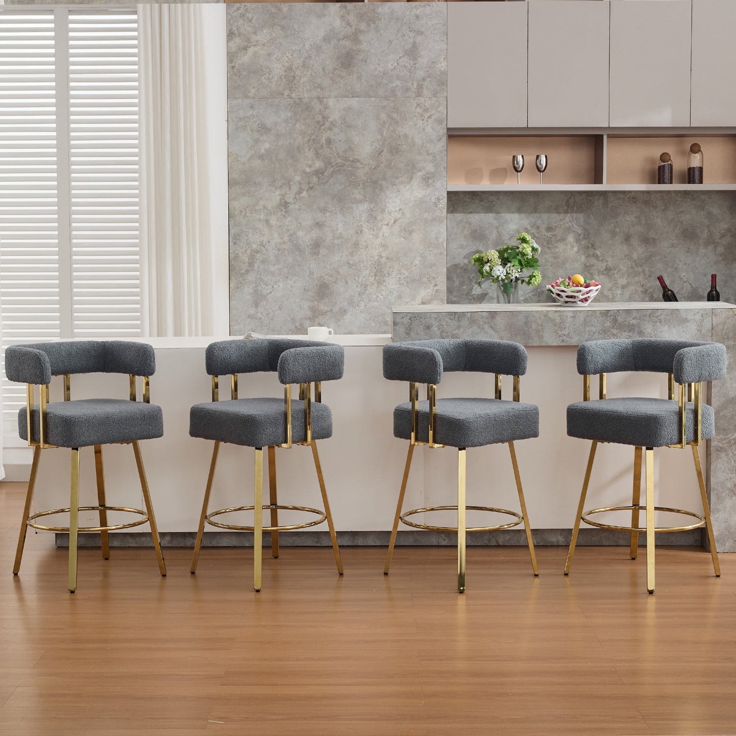 TS Modern Decorative Chair, Gray Teddy Fleece Upholstered Metal Foot Bar Side Chair with Gold Legs, 2PC Set for Living Room, Dressing Area, Office - 1st Choice Furniture Direct