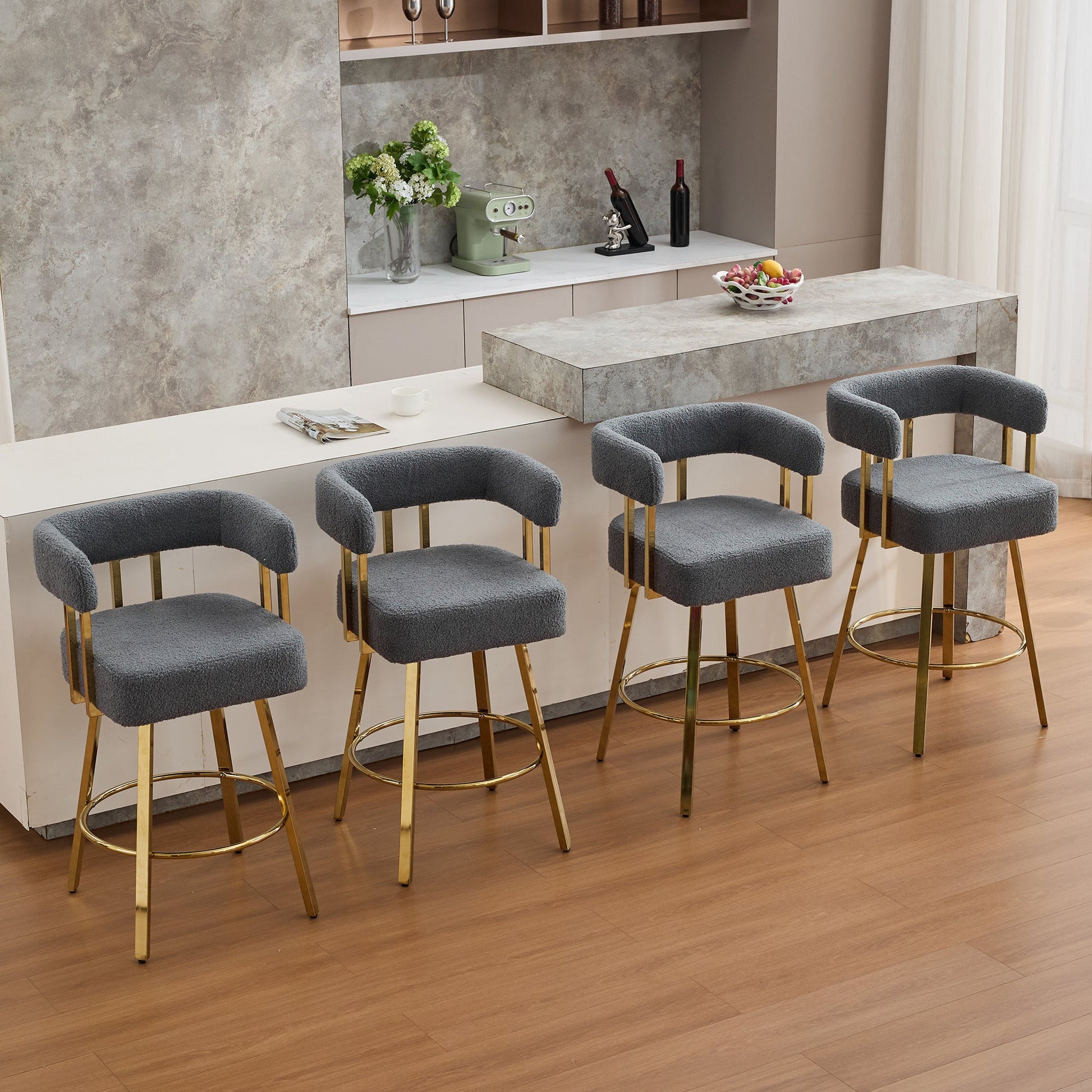 TS Modern Decorative Chair, Gray Teddy Fleece Upholstered Metal Foot Bar Side Chair with Gold Legs, 2PC Set for Living Room, Dressing Area, Office - 1st Choice Furniture Direct
