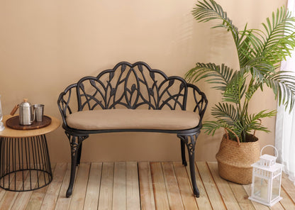 Tulip Patio Garden Bench Metal Park Bench Cast Aluminum Outdoor Furniture with Floral Rose for Patio,Park,Lawn,Yard Black withe cushion - 1st Choice Furniture Direct