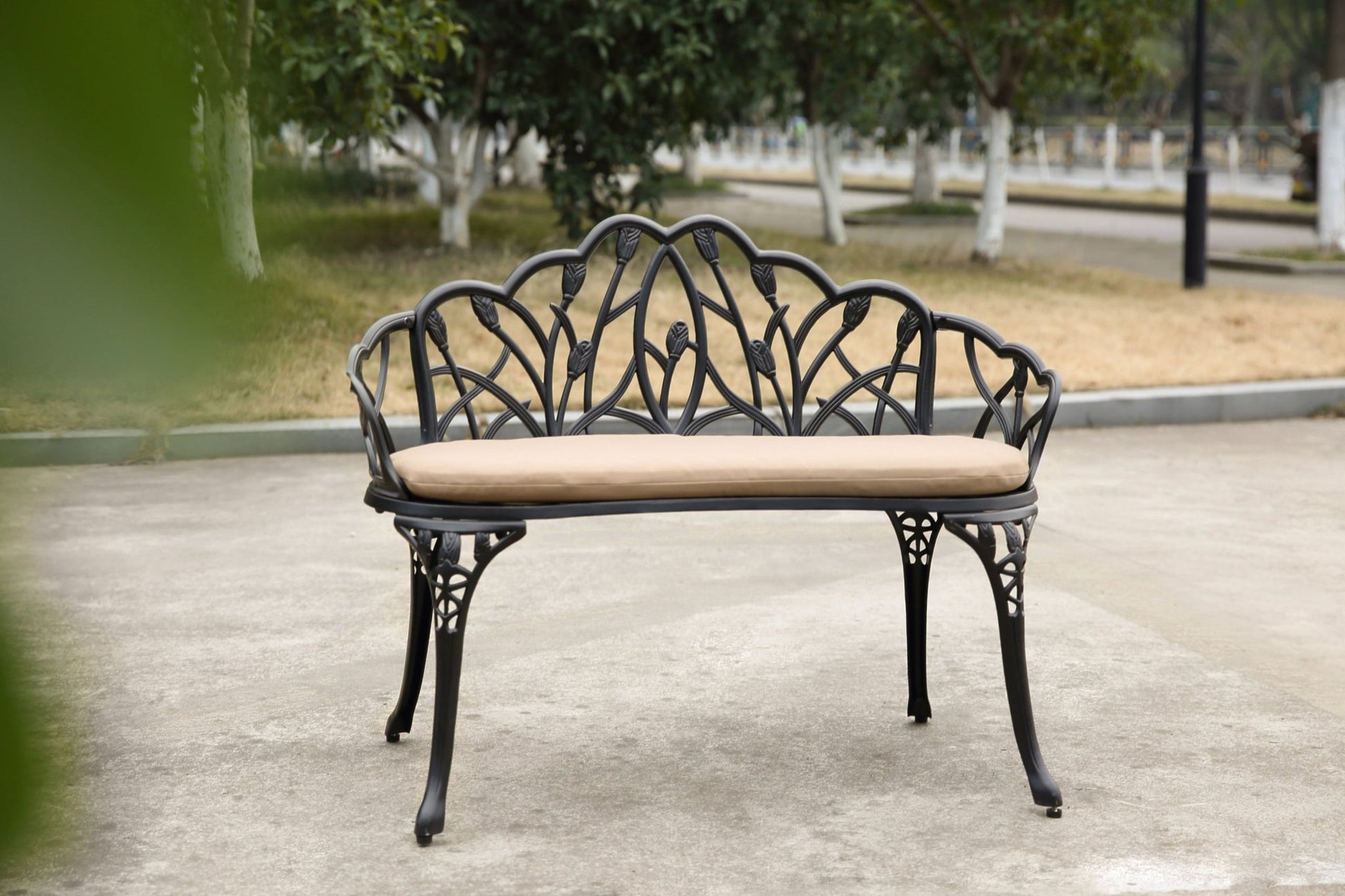 Tulip Patio Garden Bench Metal Park Bench Cast Aluminum Outdoor Furniture with Floral Rose for Patio,Park,Lawn,Yard Black withe cushion - 1st Choice Furniture Direct